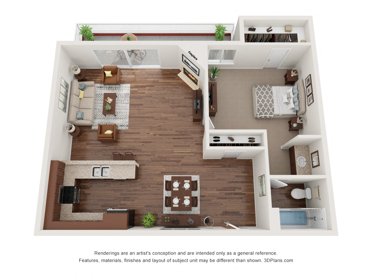 Floor plan for 1 bed, 1 bath, 740 sqft